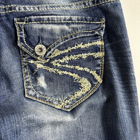 Silver Jeans Size 29x32 Bootcut Distressed Suki Surplus Flap Pocket Low Rise - Picture 8 of 11